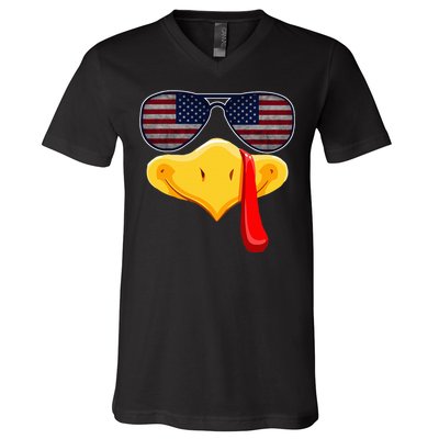 Turkey Face with Glasses Vintage Usa Flag for Thanksgiving  V-Neck T-Shirt