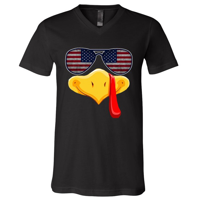 Turkey Face with Glasses Vintage Usa Flag for Thanksgiving  V-Neck T-Shirt