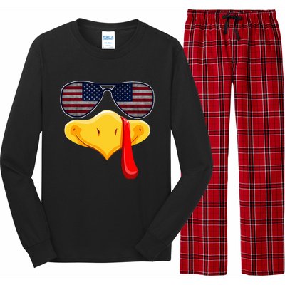 Turkey Face with Glasses Vintage Usa Flag for Thanksgiving  Long Sleeve Pajama Set