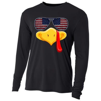 Turkey Face with Glasses Vintage Usa Flag for Thanksgiving  Cooling Performance Long Sleeve Crew