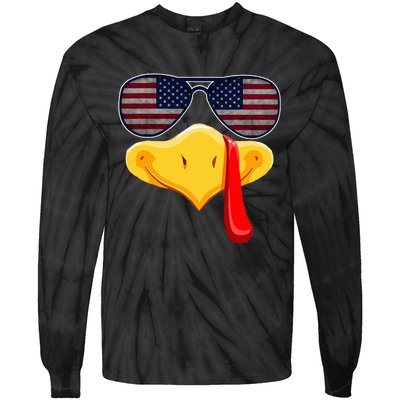 Turkey Face with Glasses Vintage Usa Flag for Thanksgiving  Tie-Dye Long Sleeve Shirt