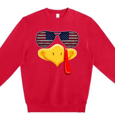 Turkey Face with Glasses Vintage Usa Flag for Thanksgiving  Premium Crewneck Sweatshirt