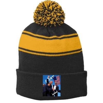 Trump Fight With Fist In Air Facsimile Signature Stripe Pom Pom Beanie