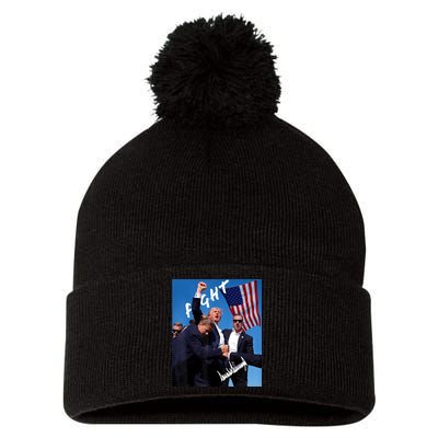 Trump Fight With Fist In Air Facsimile Signature Pom Pom 12in Knit Beanie