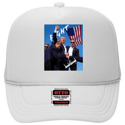 Trump Fight With Fist In Air Facsimile Signature High Crown Mesh Back Trucker Hat