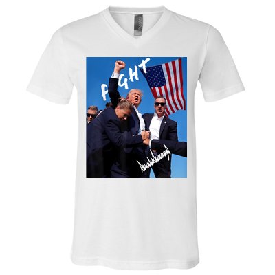 Trump Fight With Fist In Air Facsimile Signature V-Neck T-Shirt