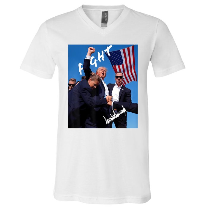 Trump Fight With Fist In Air Facsimile Signature V-Neck T-Shirt