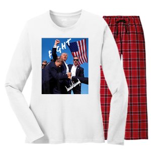 Trump Fight With Fist In Air Facsimile Signature Women's Long Sleeve Flannel Pajama Set 