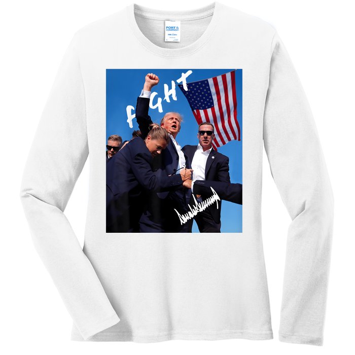 Trump Fight With Fist In Air Facsimile Signature Ladies Long Sleeve Shirt