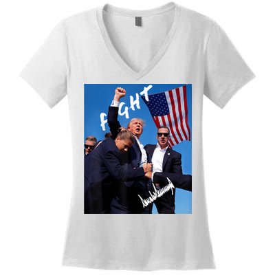 Trump Fight With Fist In Air Facsimile Signature Women's V-Neck T-Shirt