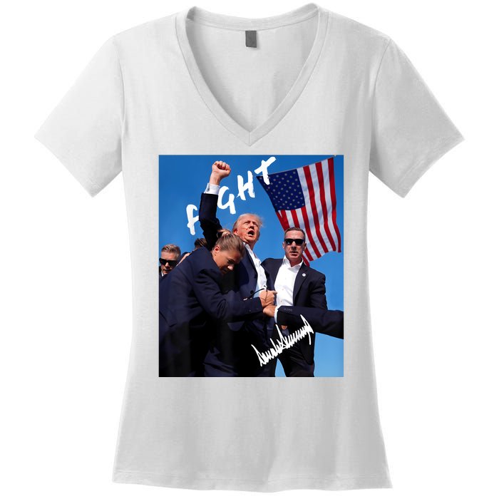 Trump Fight With Fist In Air Facsimile Signature Women's V-Neck T-Shirt