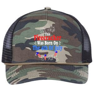 This Firecracker Was Born On The 4th Of July Birthday Usa Us Gift Retro Rope Trucker Hat Cap