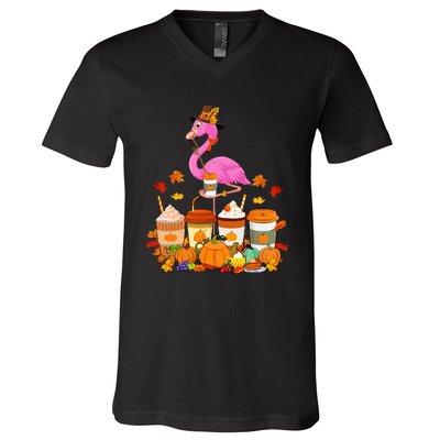 Thanksgiving Flamingo Wearing Hat Fall Coffee Cups Lover V-Neck T-Shirt