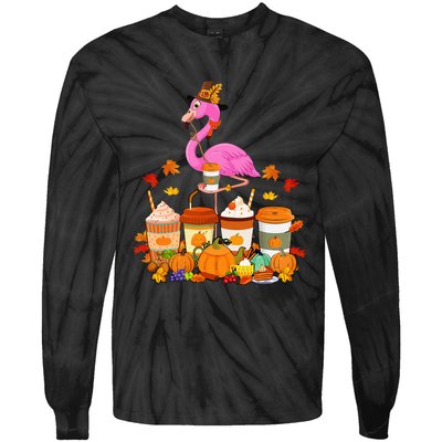 Thanksgiving Flamingo Wearing Hat Fall Coffee Cups Lover Tie-Dye Long Sleeve Shirt