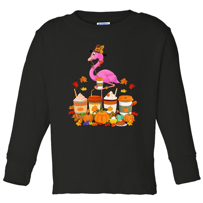 Thanksgiving Flamingo Wearing Hat Fall Coffee Cups Lover Toddler Long Sleeve Shirt