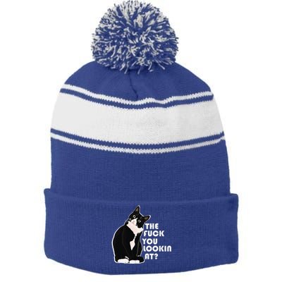 The Fuck You Lookin At Funny Vulgar Gift For Cat Lovers Stripe Pom Pom Beanie