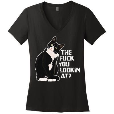 The Fuck You Lookin At Funny Vulgar Novelty For Cat Lovers Women's V-Neck T-Shirt