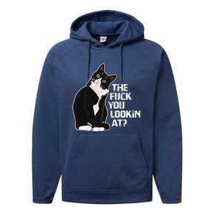 The Fuck You Lookin At Funny Vulgar Novelty For Cat Lovers Performance Fleece Hoodie