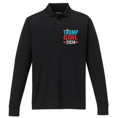 Trump Girl 2024 Shirts Cute Trump Flag Girls Kids Performance Long Sleeve Polo