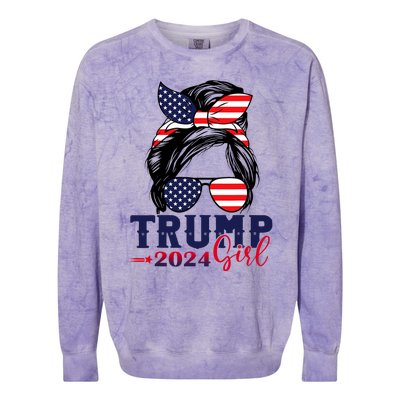 Trump Girl 2024 Messy Bun American Flag Trump 2024 Election Colorblast Crewneck Sweatshirt