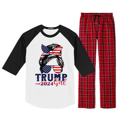 Trump Girl 2024 Messy Bun American Flag Trump 2024 Election Raglan Sleeve Pajama Set