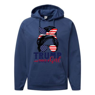 Trump Girl 2024 Messy Bun American Flag Trump 2024 Election Performance Fleece Hoodie