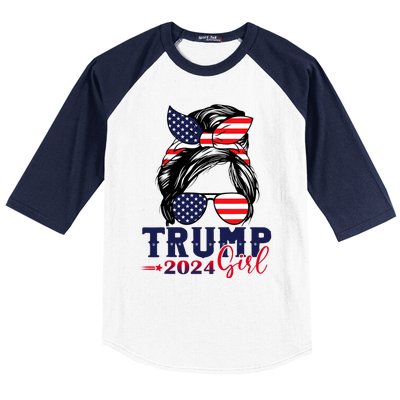 Trump Girl 2024 Messy Bun American Flag Trump 2024 Election Baseball Sleeve Shirt