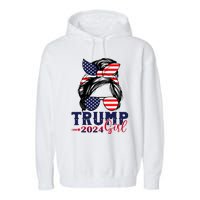 Trump Girl 2024 Messy Bun American Flag Trump 2024 Election Garment-Dyed Fleece Hoodie