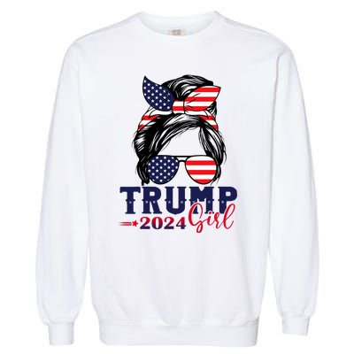 Trump Girl 2024 Messy Bun American Flag Trump 2024 Election Garment-Dyed Sweatshirt