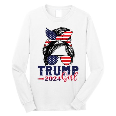 Trump Girl 2024 Messy Bun American Flag Trump 2024 Election Long Sleeve Shirt