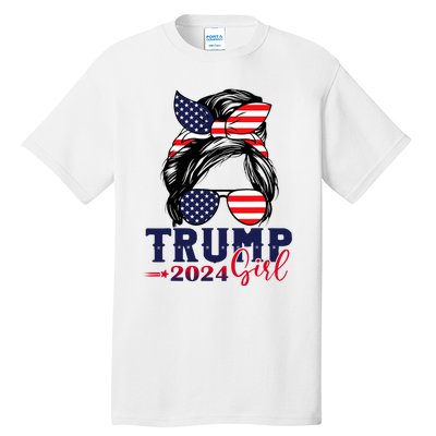 Trump Girl 2024 Messy Bun American Flag Trump 2024 Election Tall T-Shirt