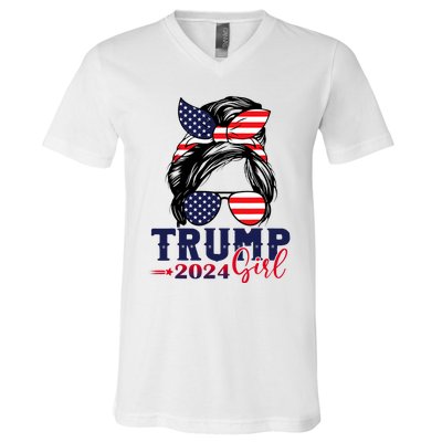 Trump Girl 2024 Messy Bun American Flag Trump 2024 Election V-Neck T-Shirt