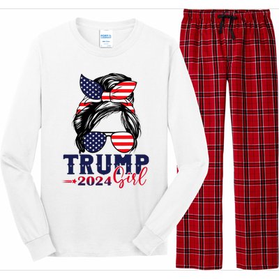 Trump Girl 2024 Messy Bun American Flag Trump 2024 Election Long Sleeve Pajama Set