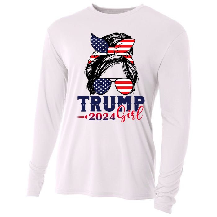 Trump Girl 2024 Messy Bun American Flag Trump 2024 Election Cooling Performance Long Sleeve Crew