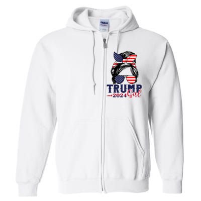 Trump Girl 2024 Messy Bun American Flag Trump 2024 Election Full Zip Hoodie