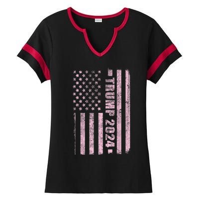 Trump Girl 2024 USA Flag Vintage Faded Ladies Halftime Notch Neck Tee