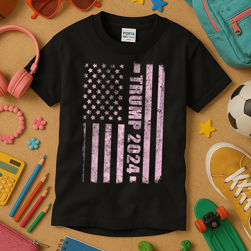 Trump Girl 2024 USA Flag Vintage Faded Kids T-Shirt
