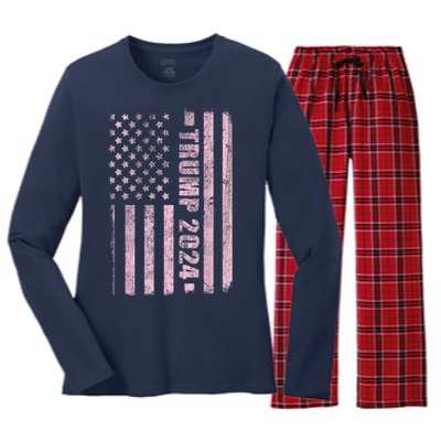 Trump Girl 2024 USA Flag Vintage Faded Women's Long Sleeve Flannel Pajama Set 