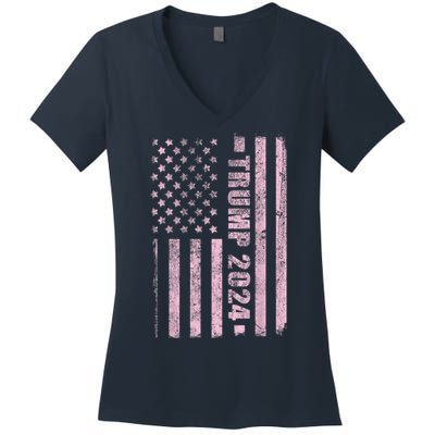 Trump Girl 2024 USA Flag Vintage Faded Women's V-Neck T-Shirt