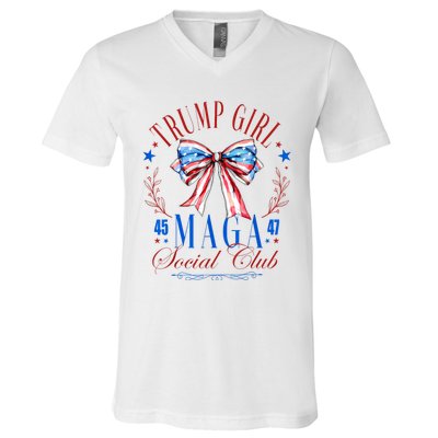 Trump Girl 45 47 Maga Est 2024 Social Club Happy 4th Of July V-Neck T-Shirt