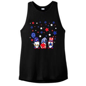 Three Gnomes 4th Of July Red White and Blue Ladies PosiCharge Tri-Blend Wicking Tank