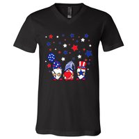 Three Gnomes 4th Of July Red White and Blue V-Neck T-Shirt