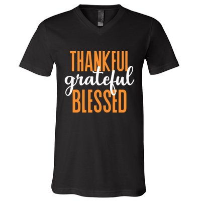 Thankful Grateful And Blessed Thanksgiving Holiday V-Neck T-Shirt