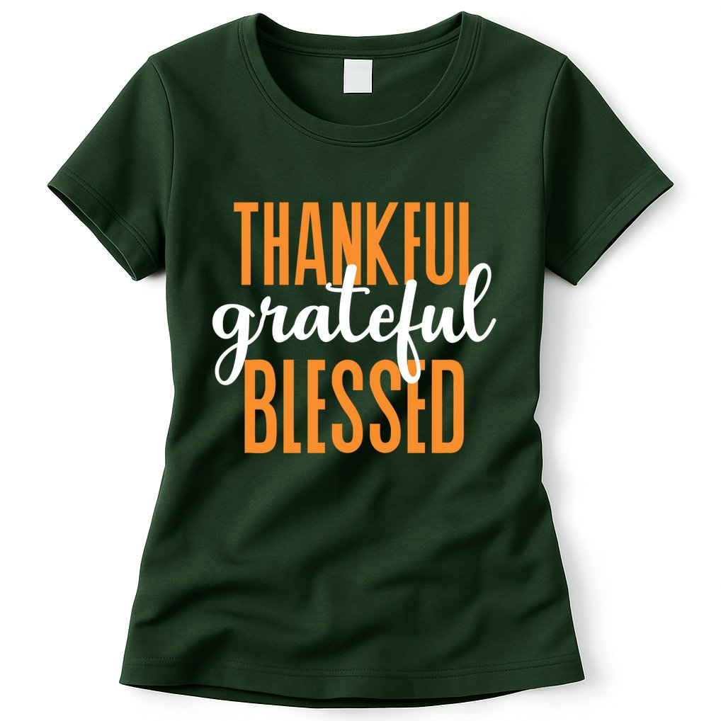 Thankful Grateful And Blessed Thanksgiving Holiday Womens T-Shirt