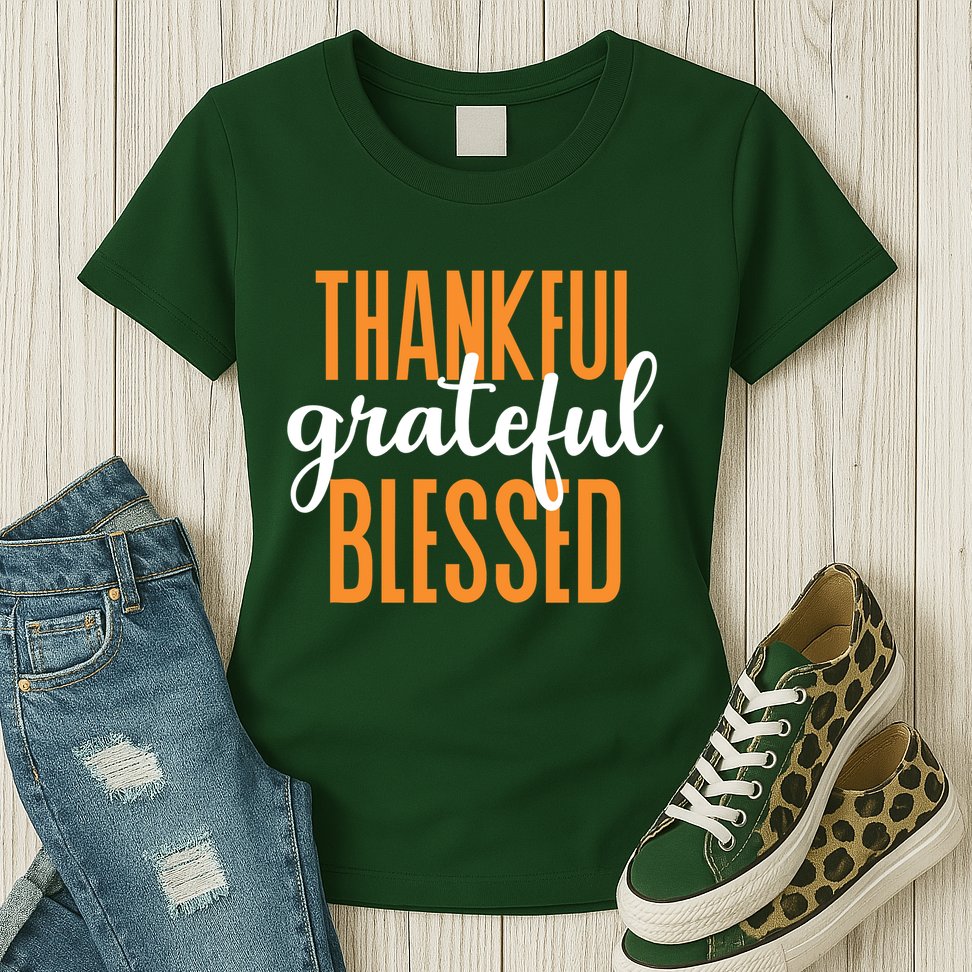 Thankful Grateful And Blessed Thanksgiving Holiday Womens T-Shirt