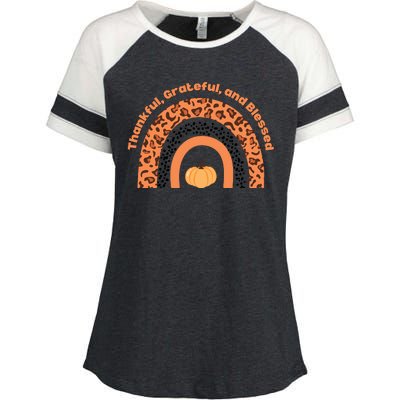 Thankful Grateful And Blessed Rainbow Pumpkin Fall Enza Ladies Jersey Colorblock Tee