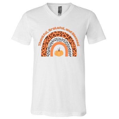 Thankful Grateful And Blessed Rainbow Pumpkin Fall V-Neck T-Shirt