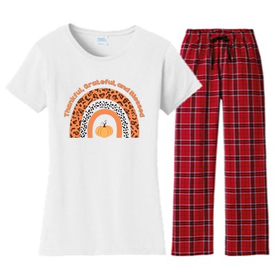 Thankful Grateful And Blessed Rainbow Pumpkin Fall Women's Flannel Pajama Set