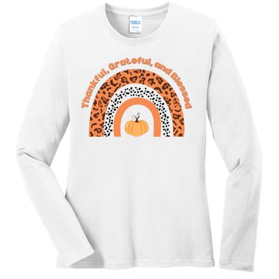 Thankful Grateful And Blessed Rainbow Pumpkin Fall Ladies Long Sleeve Shirt