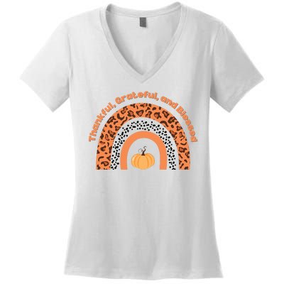 Thankful Grateful And Blessed Rainbow Pumpkin Fall Women's V-Neck T-Shirt